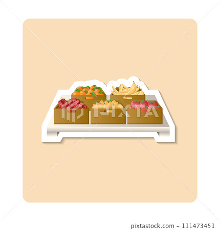 Fruits and vegetables sticker illustration. Box, orange, banana, tomato, onion, pepper. Editable vector graphic design. 111473451