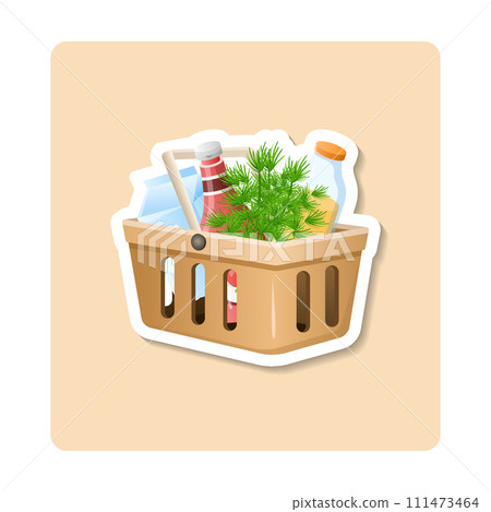 Basket sticker illustration. Milk, bottle, dill, handle. Editable vector graphic design. Basket sticker illustration. Milk, bottle, dill, handle. Editable vector graphic design. 111473464