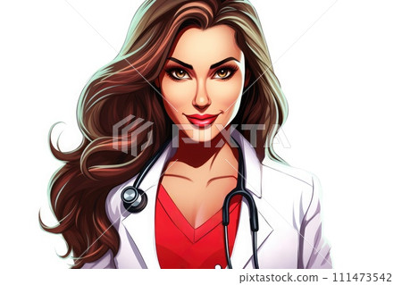 Animated character of a confident female doctor with long hair and a stethoscope, white coat, and red shirt Animated character of a confident female doctor with long hair and a stethoscope, white coat, and red shirt 111473542