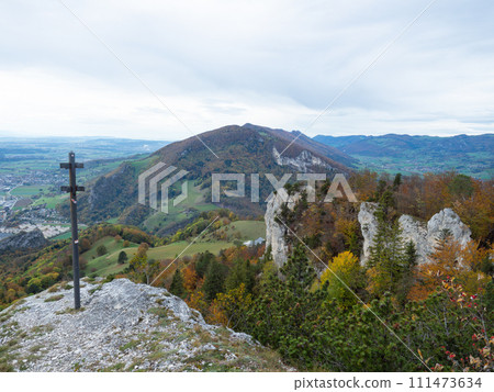 Balsthal, Switzerland - October 29th 2023: View from Roggenflue, a rocky peak in the Swiss Jura mountains. 111473634