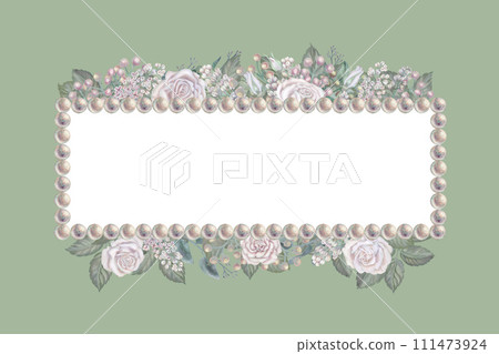 Watercolor floral frame of white roses, green leaves, lilac, eucalyptus in a pastel palette in vintage style for wedding, Women's Day, Valentine's Day for template, clipart, wallpaper, scrapbooking 111473924