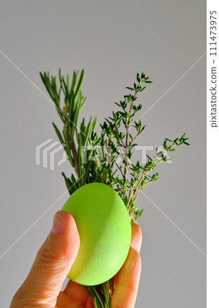 Green Easter egg in hand close-up. 111473975