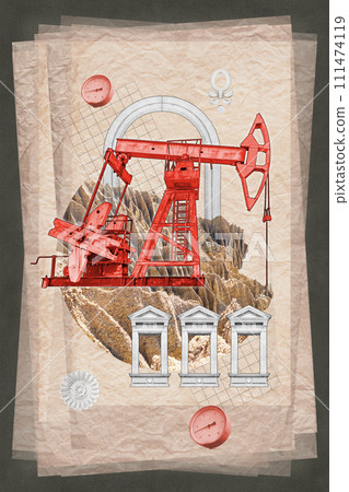 Surreal collage. Classic architecture and industrial oil pump. Art concept poster, print, zine cover. Surreal collage. Classic architecture and industrial oil pump. Art concept poster, print, zine cover. 111474119