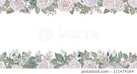 Watercolor floral seamless border of white roses, green leaves, lilac, eucalyptus in a pastel color in vintage style for wedding, Women's Day, Valentine's Day, template, clipart, wallpaper, scrapbook 111474164