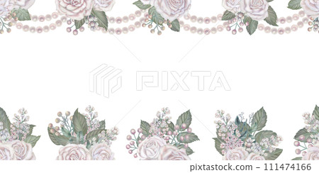 Watercolor floral seamless border of white roses, green leaves, lilac, eucalyptus in a pastel color in vintage style for wedding, Women's Day, Valentine's Day, template, clipart, wallpaper, scrapbook Watercolor floral seamless border of white roses, green leaves, lilac, eucalyptus in a pastel color in vintage style for wedding, Women's Day, Valentine's Day, template, clipart, wallpaper, scrapbook 111474166