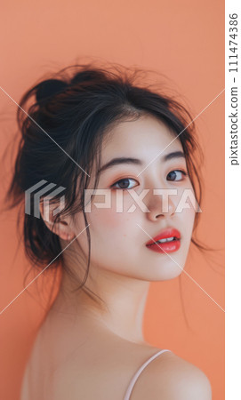 Vertical portrait of a beautiful Asian woman isolated on a peach copy space background for text. 111474386