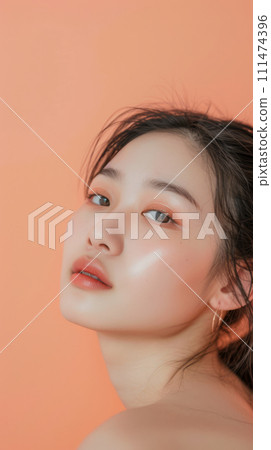 Vertical portrait of a beautiful Asian woman isolated on a peach copy space background for text. 111474396