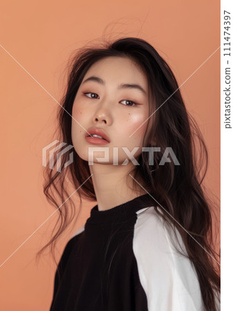 Vertical portrait of a beautiful Asian woman isolated on a peach copy space background for text. 111474397