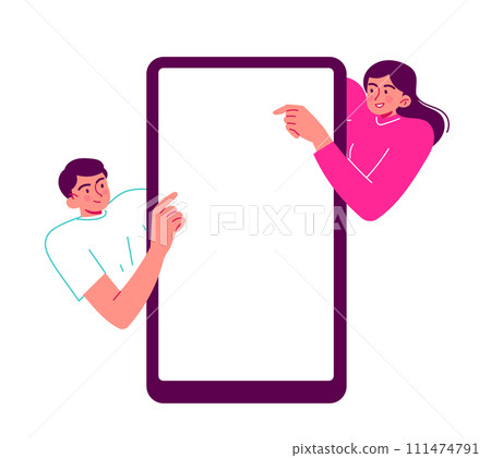 People at the big smartphone pointing at the screen People at the big smartphone pointing at the screen 111474791