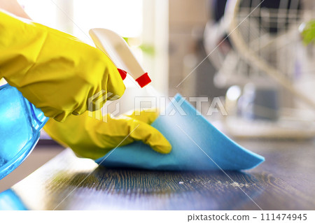 House Cleaning with Spray Bottle and Cloth 111474945