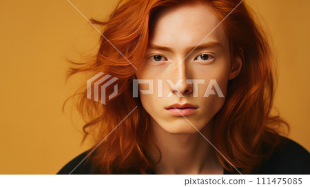 Handsome young male guy smile Asian with long red hair, on creamy beige background, banner, copy space, portrait. Handsome young male guy smile Asian with long red hair, on creamy beige background, banner, copy space, portrait. 111475085