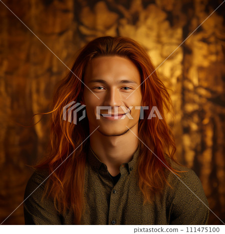 Handsome young male guy smile Asian with long red hair, on golden background, banner, copy space, portrait. 111475100