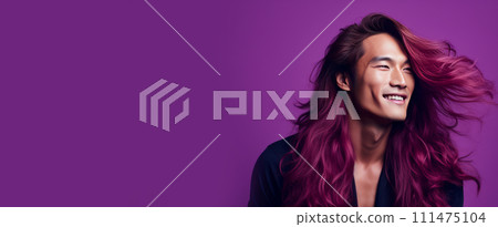 Handsome young male guy smile Asian with long red hair, on purple background, banner, copy space, portrait. Handsome young male guy smile Asian with long red hair, on purple background, banner, copy space, portrait. 111475104