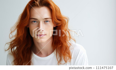 Handsome young male guy smile Asian with long red hair, on white background, banner, copy space, portrait. Handsome young male guy smile Asian with long red hair, on white background, banner, copy space, portrait. 111475107