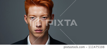 Elegant handsome young male Asian guy with short red hair, on a gray background, banner, copy space, portrait. Elegant handsome young male Asian guy with short red hair, on a gray background, banner, copy space, portrait. 111475108