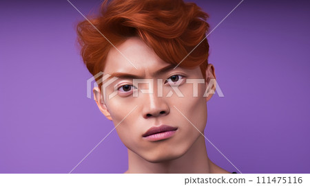Elegant handsome young male Asian guy with short red hair, on purple background, banner, copy space, portrait. 111475116