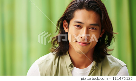 Elegant handsome smiling young Asian man with long hair, on light green, banner, copy space, portrait. 111475125