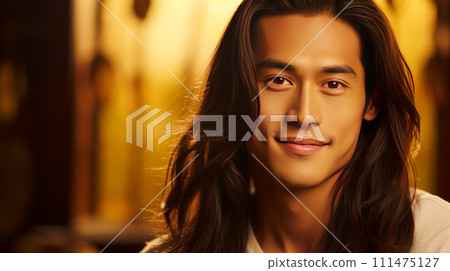 Elegant handsome smiling young Asian man with long hair, on gold, banner, copy space, portrait. Elegant handsome smiling young Asian man with long hair, on gold, banner, copy space, portrait. 111475127