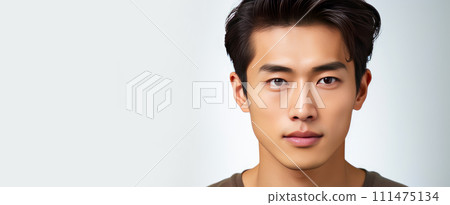 Elegant handsome young male guy Asian, on white background, banner, copy space, portrait. 111475134