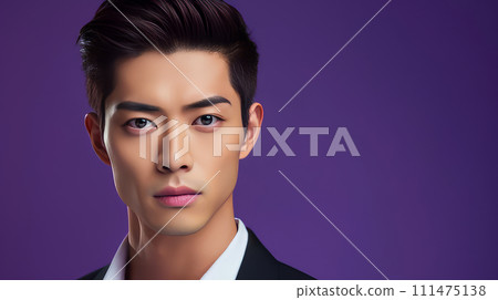 Elegant handsome young male guy Asian, on purple background, banner, copy space, portrait. 111475138