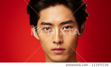 Elegant handsome young male guy Asian, on red background, banner, copy space, portrait. Elegant handsome young male guy Asian, on red background, banner, copy space, portrait. 111475139