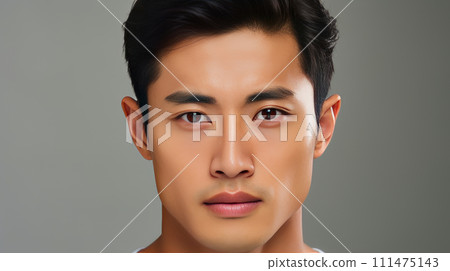 Elegant handsome young male Asian guy, on gray background, banner, copy space, portrait. Elegant handsome young male Asian guy, on gray background, banner, copy space, portrait. 111475143