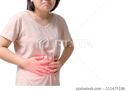Asian girl having stomach ache, bending and holding hands on belly isolated on white background, 111475186