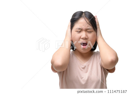 Annoyed stressed girl cover ears feel hurt ear ache pain otitis suffer from loud noise 111475187