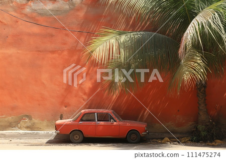 AI-generated content. A small red car parked beneath a palm tree next to an orange wall, in a sunny locale 111475274