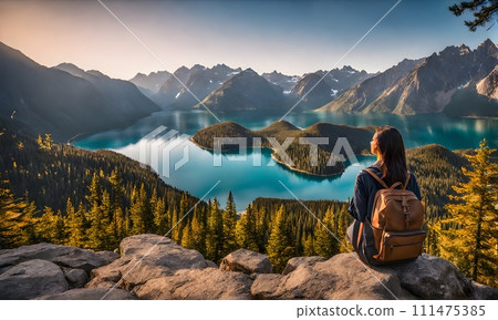 Backpack-adorned girl standing at edge of serene mountain lake 111475385