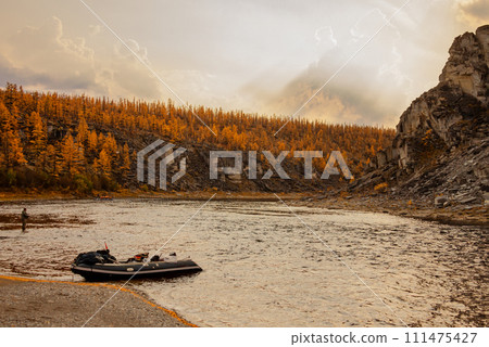 Taiga landscape with fishing boat on the wild northern river. Taiga landscape with fishing boat on the wild northern river. 111475427