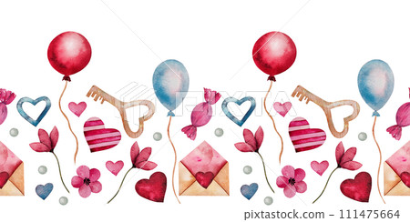 Seamless border with watercolor hearts, envelope, candies, red and blue balloon and key. Hand drawn romantic art for valentine's day, lovers cards, wedding design. Template for web banners, gift. 111475664