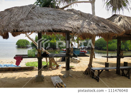 [Bali] Mangroves on the sea seen from a thatched roof rest area 111476048