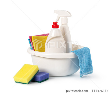 Cleaning products. Sponge, detergent, and cloth for household cleaning. 111476115