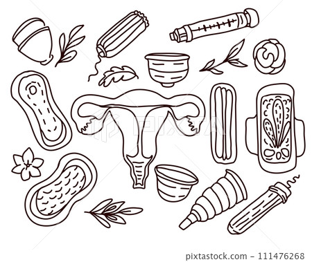 Set of hand drawn doodle women hygiene items. Vector illustration. 111476268