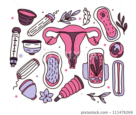 Vector set of women's hygiene items. Hand drawn doodle illustration. 111476269