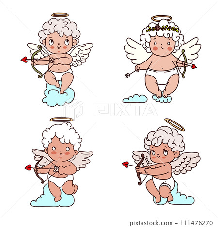 Cute Cupid with bow and arrow, set of vector illustrations. Valentines Day characters. 111476270