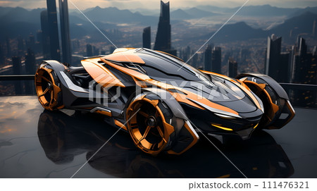 Futuristic vehicle parked on high ground the background is cityscape far away can be used to supplement advertisements for other product or service related to technology, the future, luxury or modern. Futuristic vehicle parked on high ground the background is cityscape far away can be used to supplement advertisements for other product or service related to technology, the future, luxury or modern. 111476321