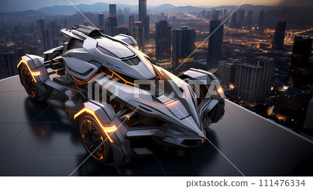 Futuristic vehicle parked on high ground the background is cityscape far away can be used to supplement advertisements for other product or service related to technology, the future, luxury or modern. Futuristic vehicle parked on high ground the background is cityscape far away can be used to supplement advertisements for other product or service related to technology, the future, luxury or modern. 111476334