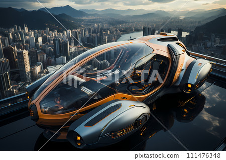 Futuristic vehicle parked on high ground the background is cityscape far away can be used to supplement advertisements for other product or service related to technology, the future, luxury or modern. Futuristic vehicle parked on high ground the background is cityscape far away can be used to supplement advertisements for other product or service related to technology, the future, luxury or modern. 111476348
