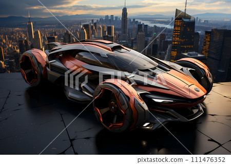 Futuristic vehicle parked on high ground the background is cityscape far away can be used to supplement advertisements for other product or service related to technology, the future, luxury or modern. Futuristic vehicle parked on high ground the background is cityscape far away can be used to supplement advertisements for other product or service related to technology, the future, luxury or modern. 111476352