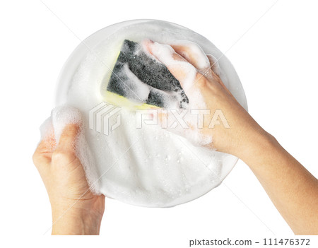 Hand holding plate with cleaning sponge with soap foam 111476372