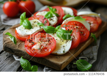 Mozzarella and tomato salad. Fresh italian caprese salad with mozzarella and tomatoes on wooden board. 111476436