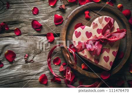 Valentines Day gift box in the shape of a heart on old wooden boards. 111476470