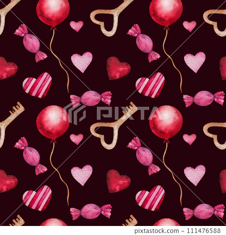 Seamless pattern with watercolor hearts, candies, red balloon and key. Hand drawn romantic art for valentine's day, lovers cards, wedding design. Template with space for text for web banners, gift. 111476588