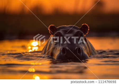 Submerged Hippopotamus in Golden Sunset Light. AI-generated item 111476698