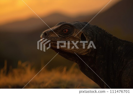 Komodo Dragon Profile Against Sunset Background. AI-generated item 111476701