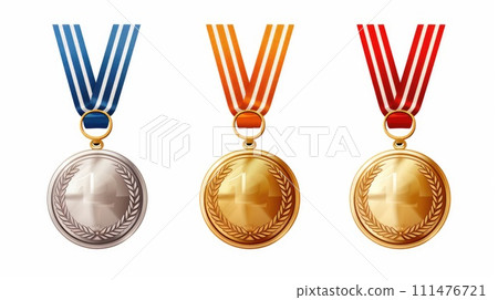 Set of of gold, silver and bronze medals on ribbons 111476721