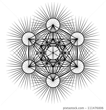 Metatron's Cube,  Flower of Life. Sacred geometry on radiant sun, graphic element Vector isolated Illustration. Mystic icon platonic solids, abstract geometric drawing, typical crop circles 111476806