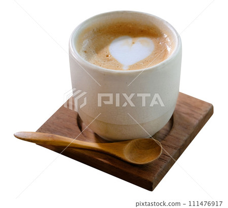 Cup of coffee latte with heart shape isolated on white background Cup of coffee latte with heart shape isolated on white background 111476917